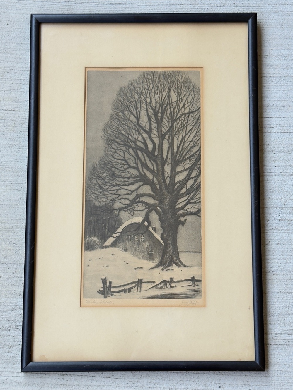 Vintage Moody Art “Winter’s Solitude” Big Oak Tree Intaglio Etching Print